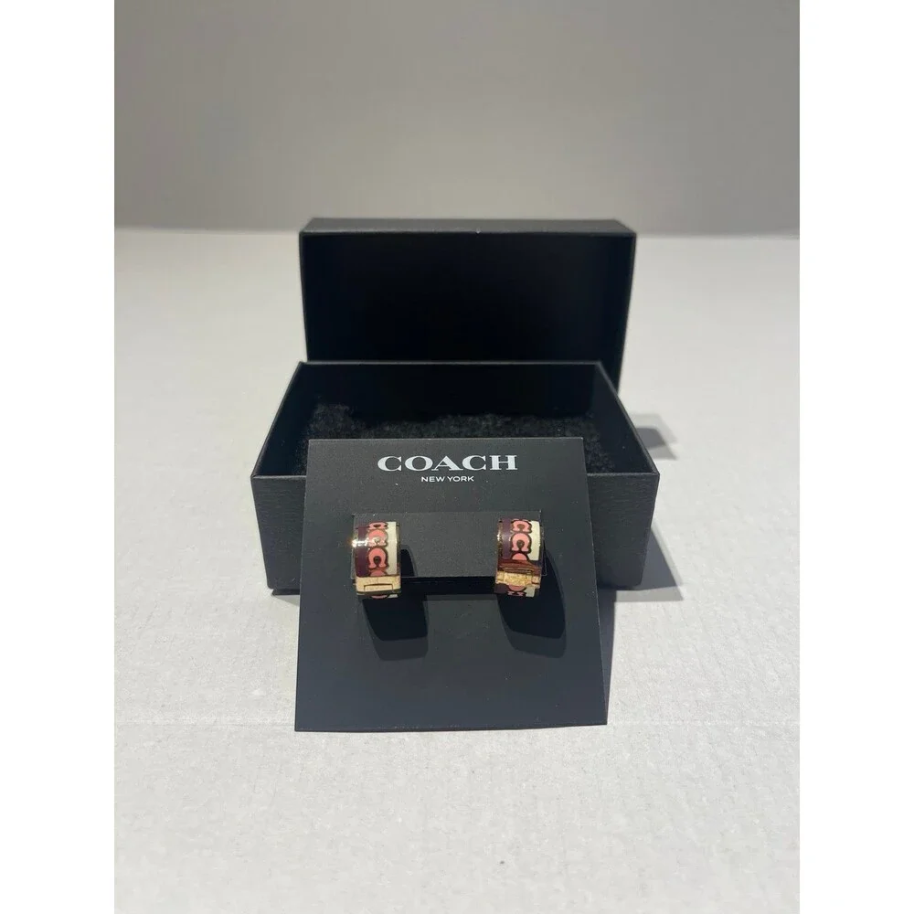 Coach Signature C Huggie Earrings - Pink, Burgundy New - Picture 2 of 5